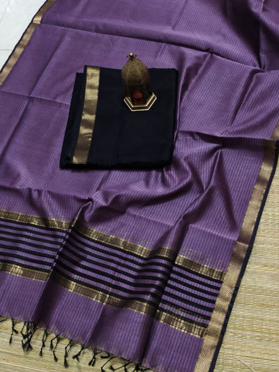 Indiehaat | Maheshwari Silk Zari Border Suit Black & Violet