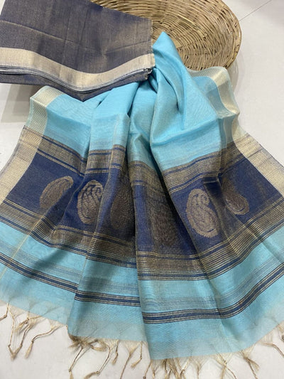 Indiehaat | Maheshwari Tissue Silk Zari Weaving Blue