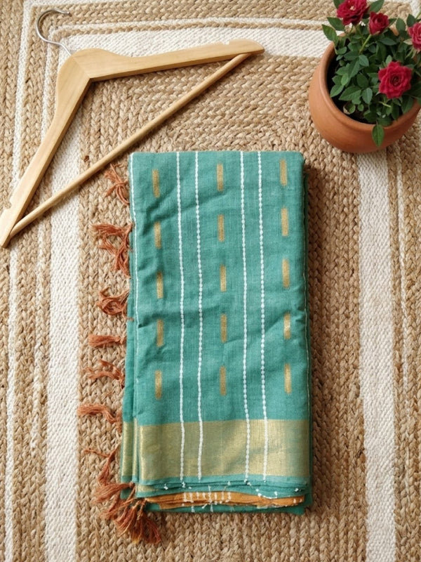 Indiehaat | Hand Dyed Kota Silk Dupion Stripe Saree Green