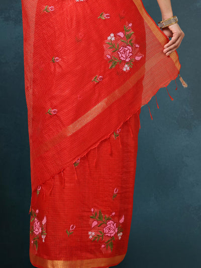 Indiehaat | Kota Silk Embroidered Saree Red