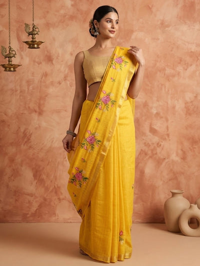 Bunavat Handdyed Kota Silk Embroidery Saree Yellow