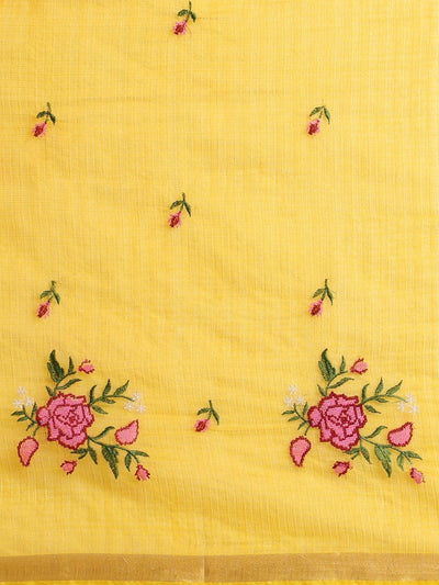Indiehaat | Hand Dyed Kota Silk Embroidery Saree Yellow