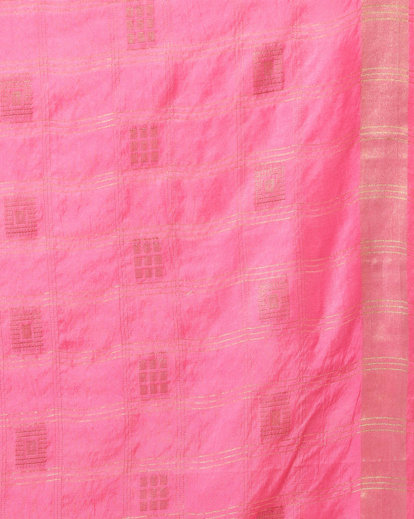 Indiehaat | Kota Silk Hand Dyed Zar Stripe Saree Pink