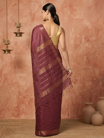 Indiehaat | Hand Dyed Kota Silk Zari Striped Saree Brown
