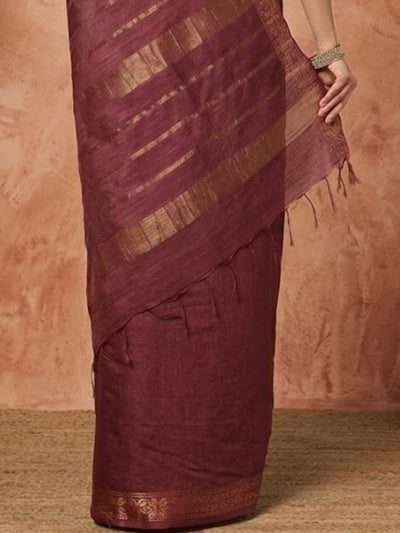 Indiehaat | Hand Dyed Kota Silk Zari Striped Saree Brown