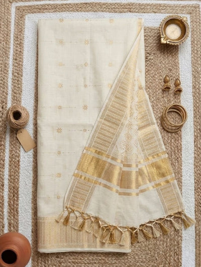 Indiehaat | Hand Dyed Kota Silk Jacquard Saree Off White