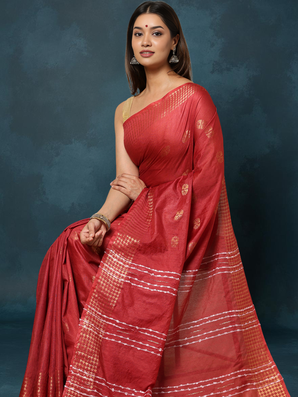 Indiehaat | Kota Silk Hand Dyed Jacquard Saree Brown