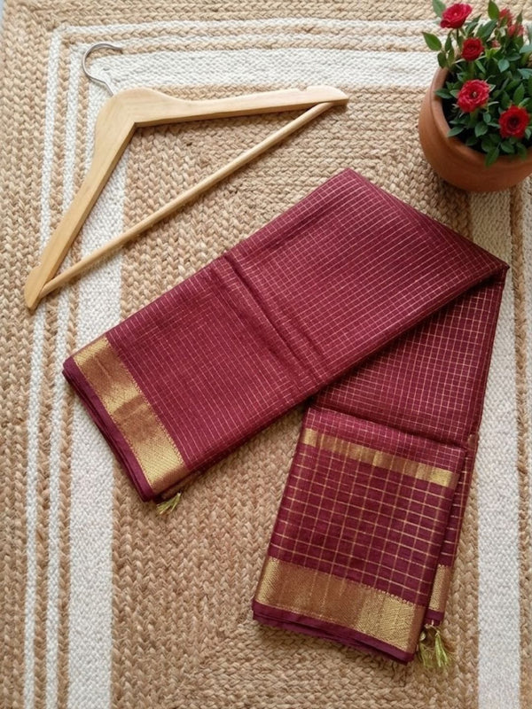 Indiehaat | Hand Dyed Kota Silk Check Saree Red