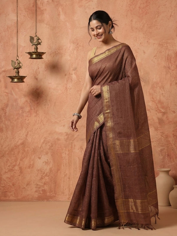 Indiehaat | Hand Dyed Kota Silk Check Saree Brown