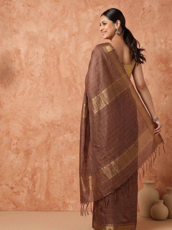 Indiehaat | Hand Dyed Kota Silk Check Saree Brown