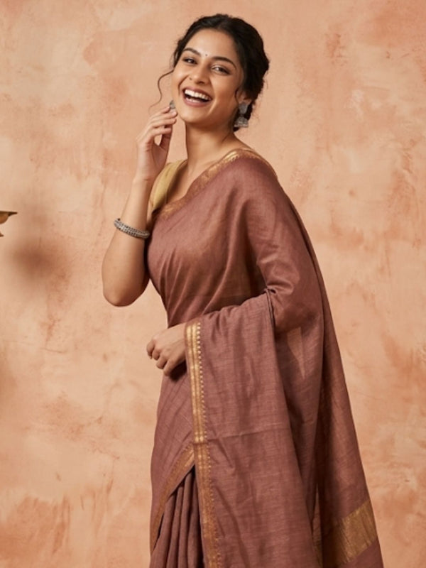 Indiehaat | Hand Dyed Kota Silk Check Saree Brown