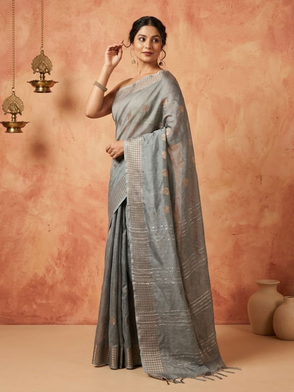 Indiehaat | Hand Dyed Kota Silk Kantha Saree Gray