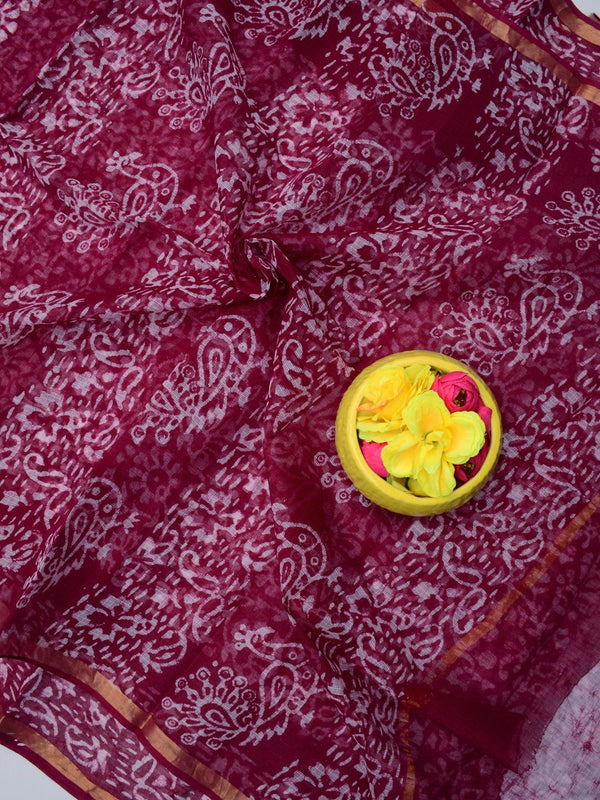Indiehaat|Kota Doria Handloom Batik Saree Maroon