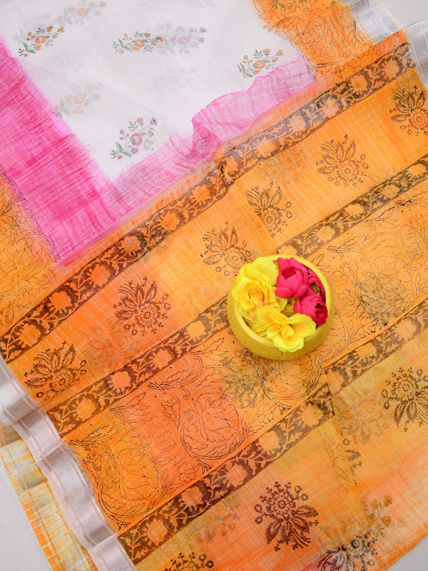 Indiehaat | Kota Doria Blockprint Saree White