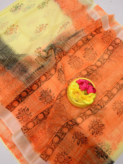 Indiehaat | Kota Doria Blockprint Saree Peach