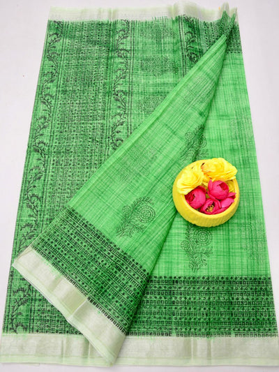 Indiehaat | Kota Doria Blockprint Saree Green