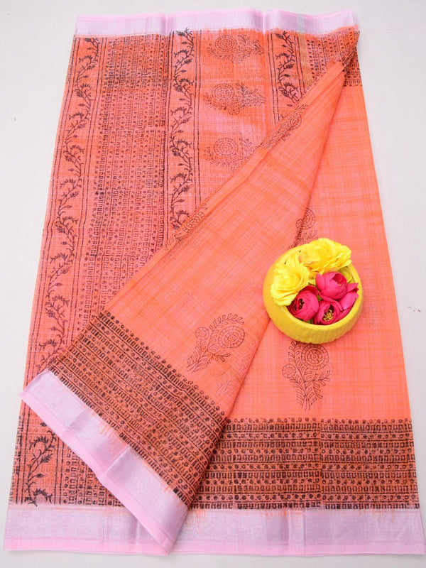 Indiehaat | Kota Doria Blockprint Saree Peach