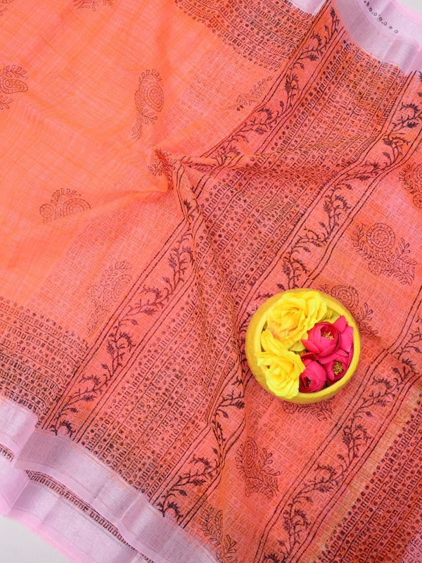 Indiehaat | Kota Doria Blockprint Saree Peach
