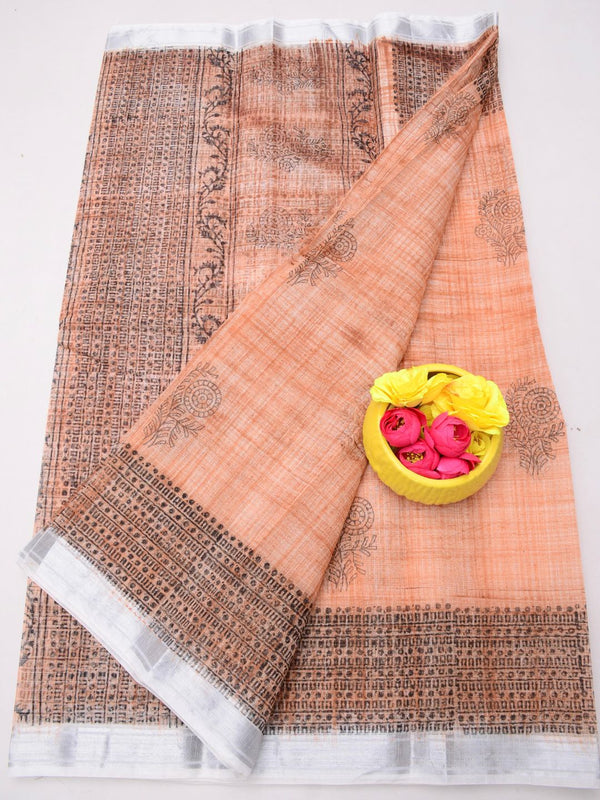 Indiehaat | Kota Doria Blockprint Saree Peach