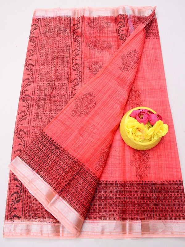 Indiehaat | Kota Doria Blockprint Saree Peach