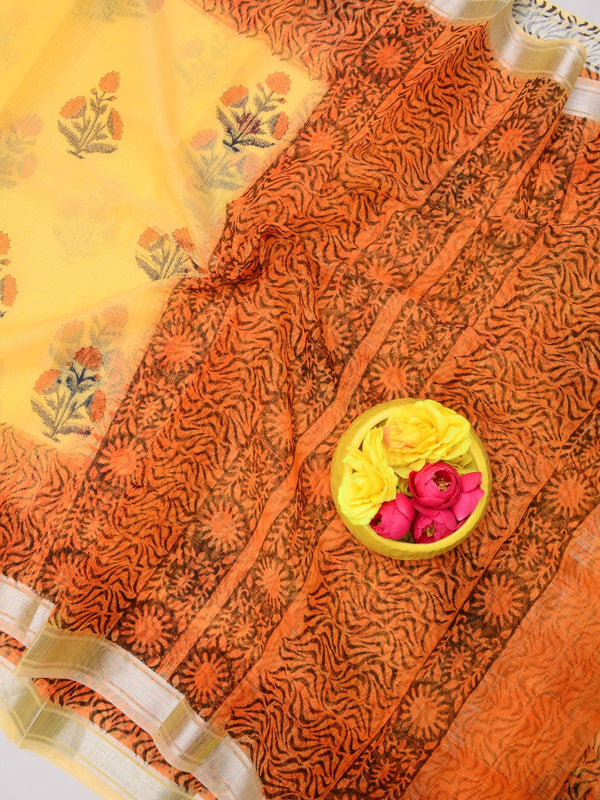 Indiehaat | Kota Doria Blockprint Saree Yellow
