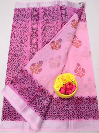 Indiehaat | Kota Doria Blockprint Saree Pink
