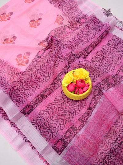 Indiehaat | Kota Doria Blockprint Saree Pink