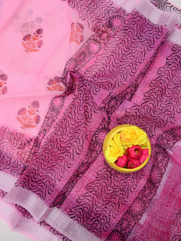 Indiehaat | Kota Doria Blockprint Saree Pink