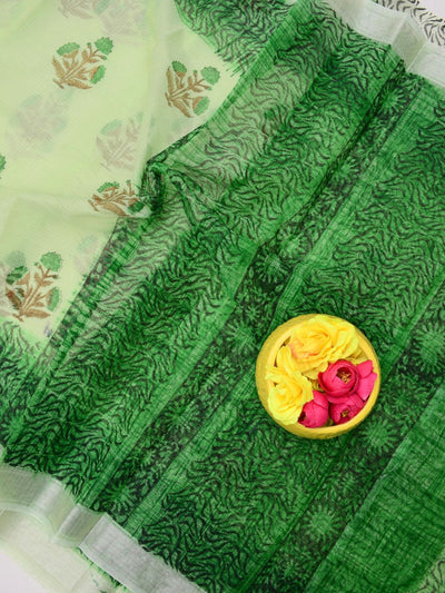 Indiehaat | Kota Doria Blockprint Saree Green