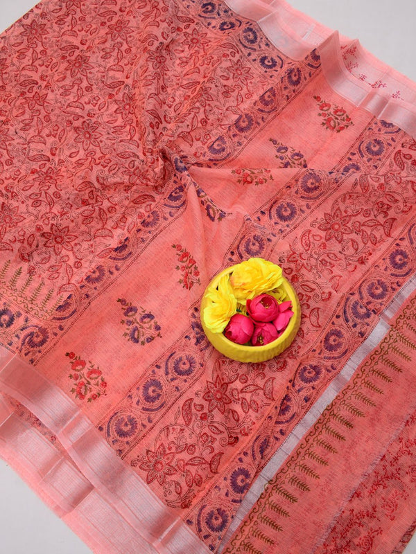 Indiehaat | Kota Doria Blockprint Saree Peach