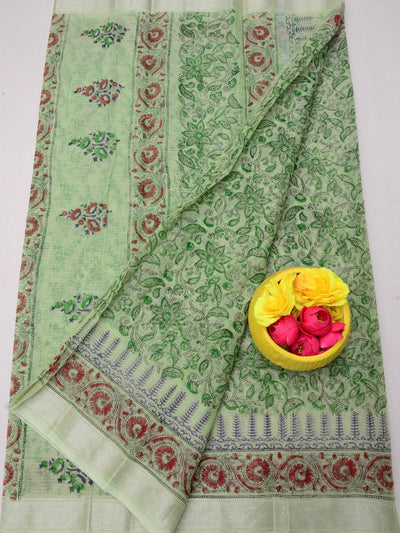 Indiehaat | Kota Doria Blockprint Saree Green
