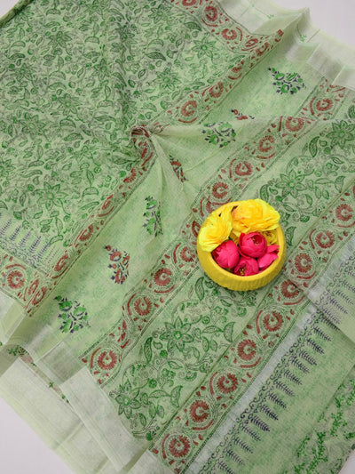 Indiehaat | Kota Doria Blockprint Saree Green