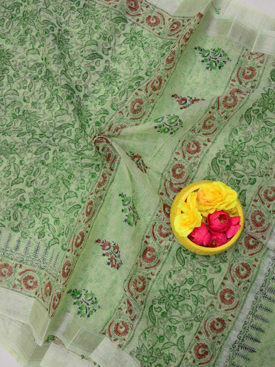 Indiehaat | Kota Doria Blockprint Saree Green