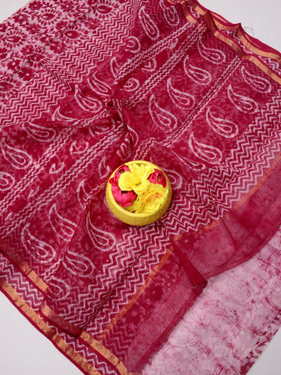 Indiehaat | Kota Doria Blockprint Saree Red