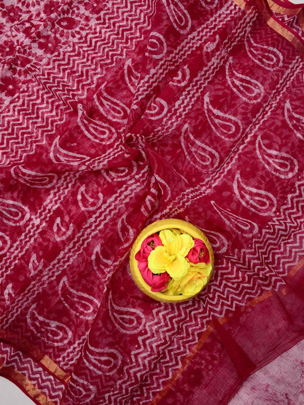 Indiehaat | Kota Doria Blockprint Saree Red
