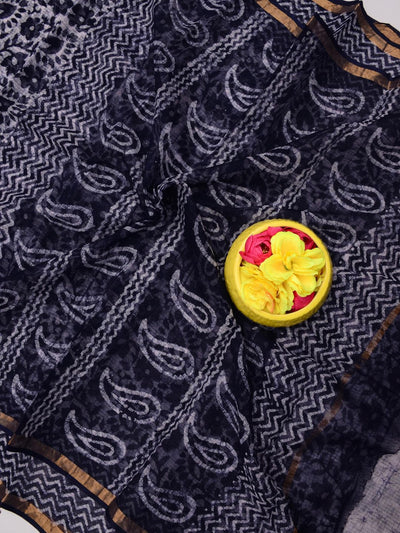 Indiehaat | Kota Doria Blockprint Saree Black