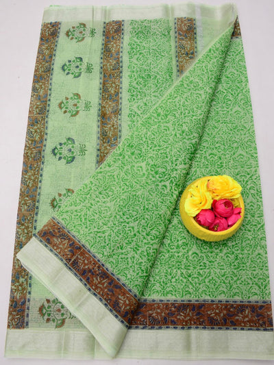 Indiehaat | Kota Doria Blockprint Saree Green