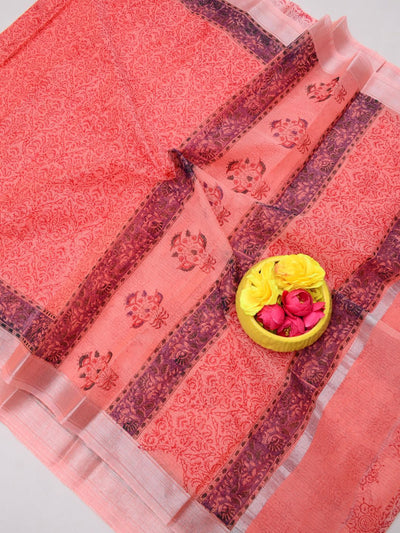 Indiehaat | Kota Doria Blockprint Saree Orange