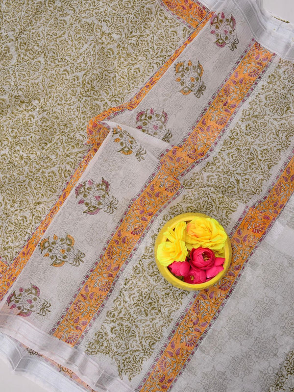 Indiehaat | Kota Doria Blockprint Saree Gray