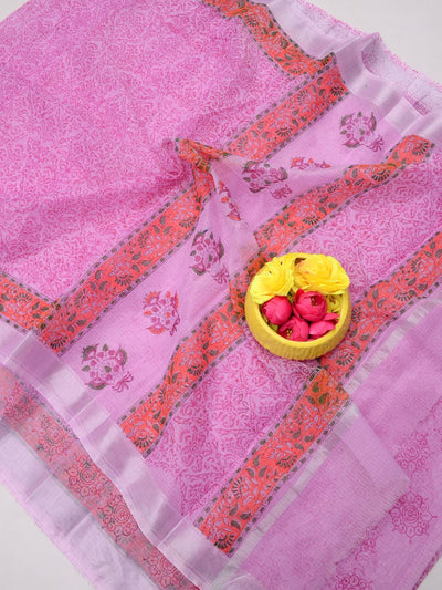 Indiehaat | Kota Doria Blockprint Saree Pink