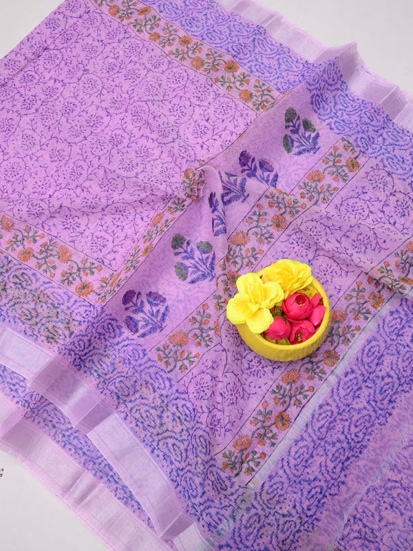 Indiehaat | Kota Doria Blockprint Saree Purple
