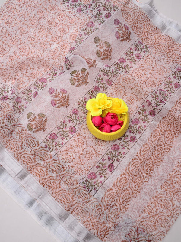 Indiehaat | Kota Doria Blockprint Saree White