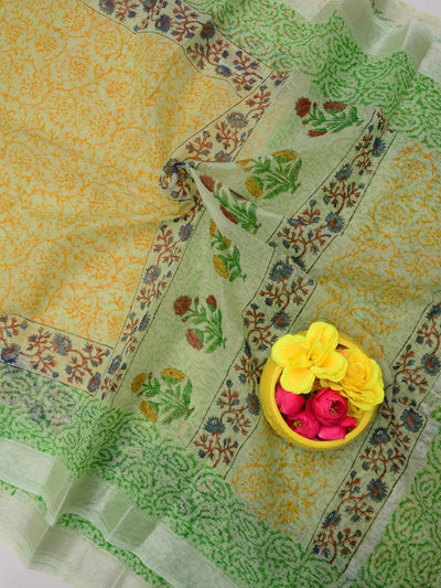 Indiehaat | Kota Doria Blockprint Saree Yellow