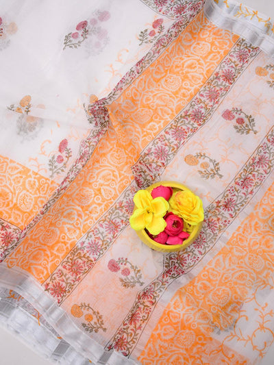 Indiehaat | Kota Doria Blockprint Saree White