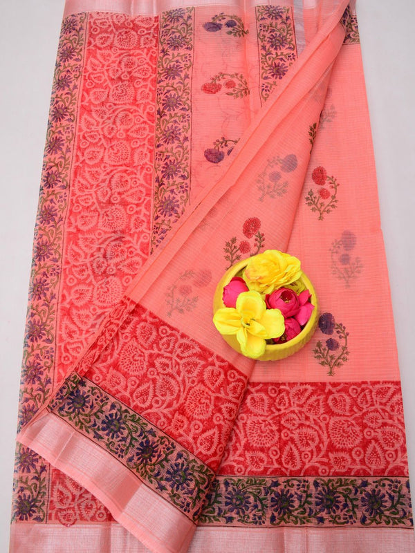 Indiehaat | Kota Doria Blockprint Saree Peach