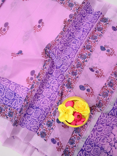 Indiehaat | Kota Doria Blockprint Saree Purple