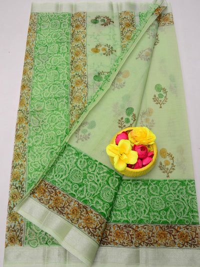 Indiehaat | Kota Doria Blockprint Saree Green