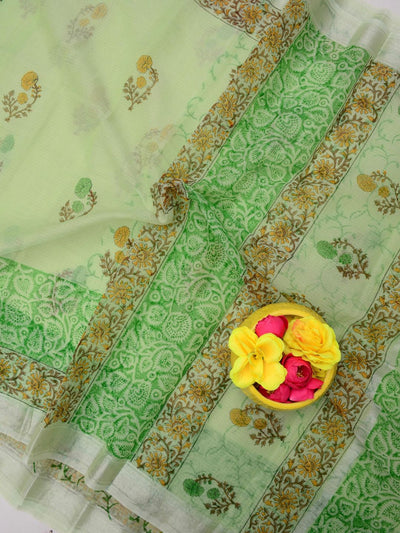 Indiehaat | Kota Doria Blockprint Saree Green