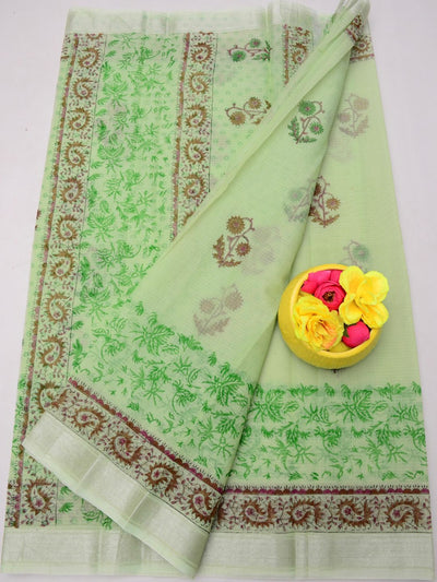 Indiehaat | Kota Doria Blockprint Saree Green