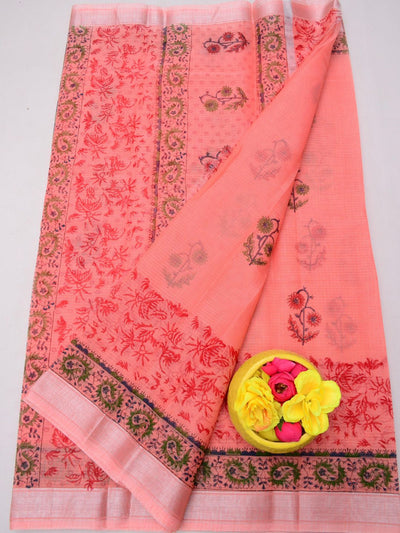 Indiehaat | Kota Doria Blockprint Saree Peach